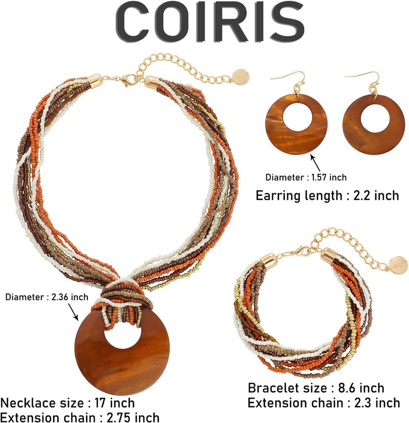 Coiris Multi Strand Statement Colorful Beaded Necklace with Big Circle Shell Pendant for Women - Image 5