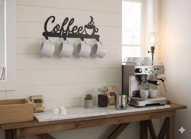Aimto Black Metal Wall Mounted Coffee Mug Holder,with 4 Hooks and Metal Sign Modern Coffee Sign for Kitchen, Bar Station Accessories Decor - Image 4