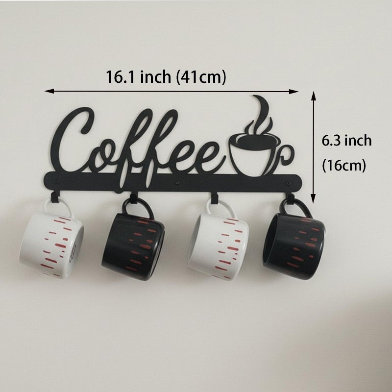 Aimto Black Metal Wall Mounted Coffee Mug Holder,with 4 Hooks and Metal Sign Modern Coffee Sign for Kitchen, Bar Station Accessories Decor - Image 2