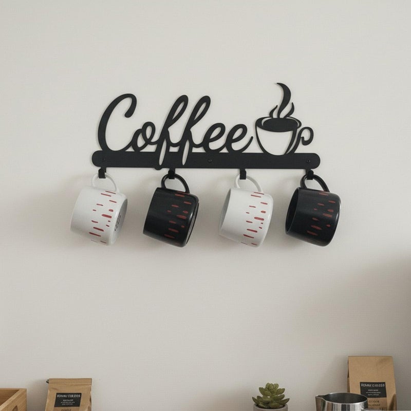 Aimto Black Metal Wall Mounted Coffee Mug Holder,with 4 Hooks and Metal Sign Modern Coffee Sign for Kitchen, Bar Station Accessories Decor - Image 1