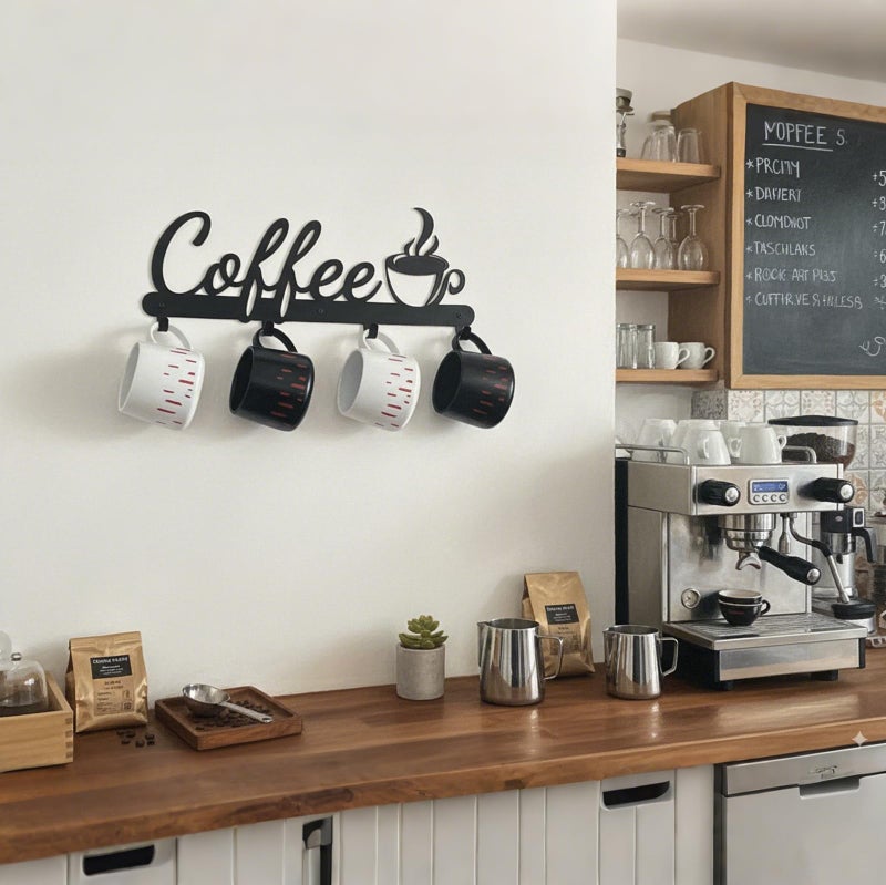 Aimto Black Metal Wall Mounted Coffee Mug Holder,with 4 Hooks and Metal Sign Modern Coffee Sign for Kitchen, Bar Station Accessories Decor - Image 3