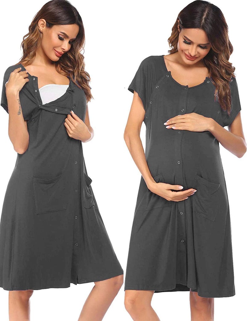 Ekouaer Labor Nightgown Nursing Dress Maternity Nightgowns Hospital/Delivery/Breastfeeding Birthing Gown with Button Dark gray M - Image 1