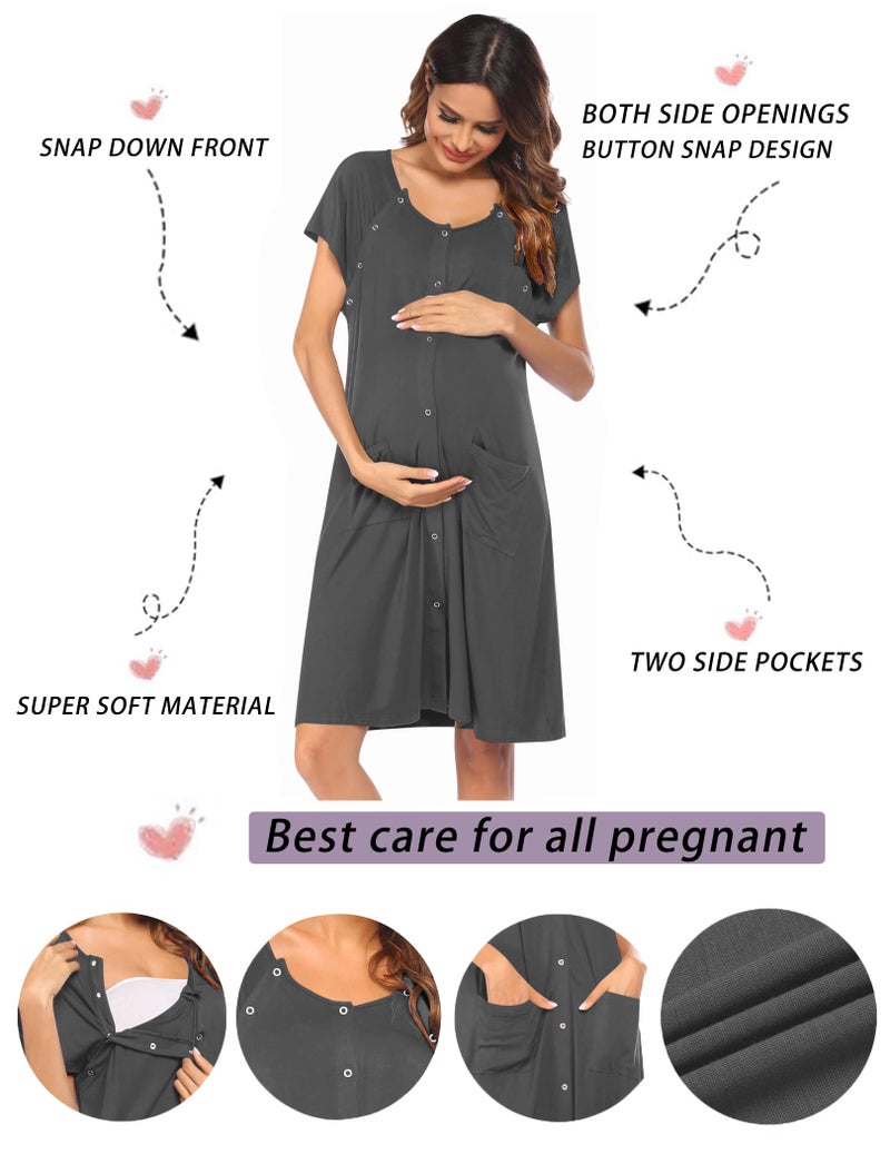 Ekouaer Labor Nightgown Nursing Dress Maternity Nightgowns Hospital/Delivery/Breastfeeding Birthing Gown with Button Dark gray M - Image 2