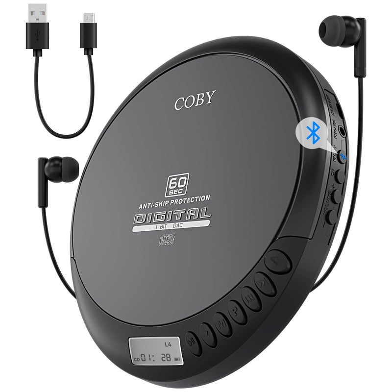 Coby CD Player Portable Bluetooth CD Player for Car Headphones FM AUX MP3 AntiSkip CD Player for Home Compact Discman Rechargeable Lightweight