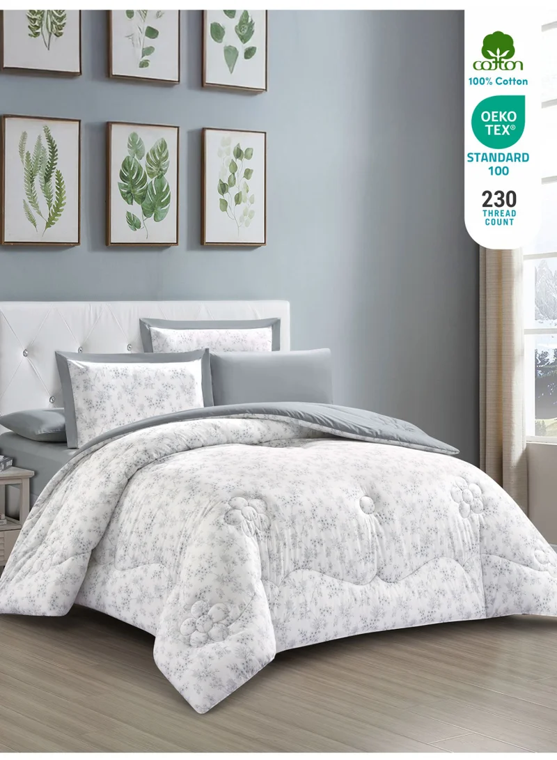 Donetella Cotton 6-Piece King Comforter Bedding Set Fits 200x200 cm – 350 GSM Filling with Fitted Sheet, Pillow Shams & Pillowcases, Stylish Printed Elegance