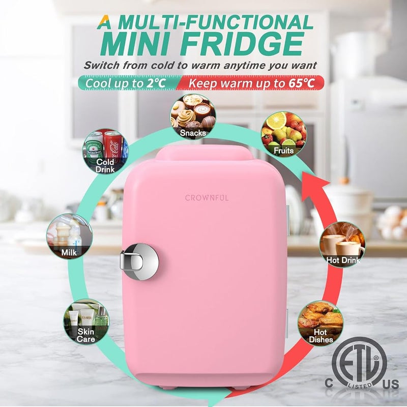 CROWNFUL Mini Fridge, 4 Liter/6 Can Portable Cooler and Warmer Personal Refrigerator for Skin Care, Cosmetics, Beverage, Food,Great for Bedroom, Office, Car, Dorm, ETL Listed (Pink) - Image 3