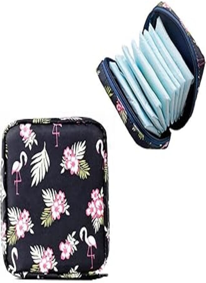 HOUSE OF QUIRK House of Quirk Sanitary Napkin Storage Bag, Menstrual Pad Bag with Zipper, Napkin Storage for Purse, First Period Kit for Teens Girls, Storing Sanitary Pads for Women (Dark Blue Flamingo) 