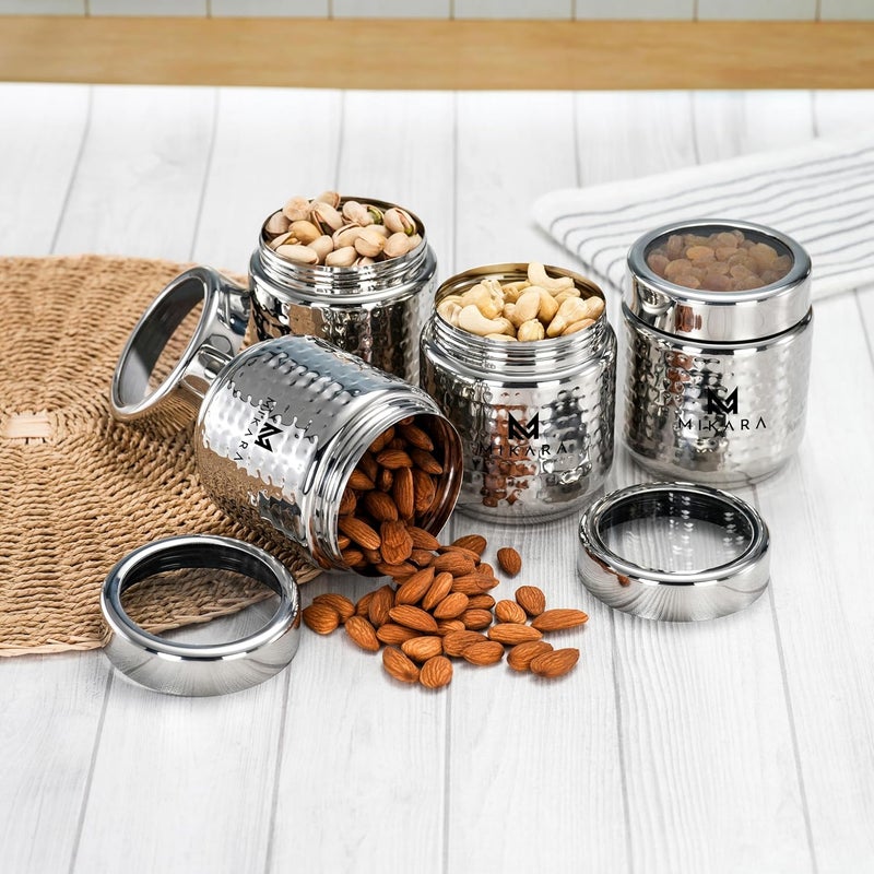 MIKARA Stainless Steel Dry Fruit DabbaStainless Steel Hammered Thread DabbaStainless Steel Thread dabba Size No 3 550ml set of 4 - Image 1