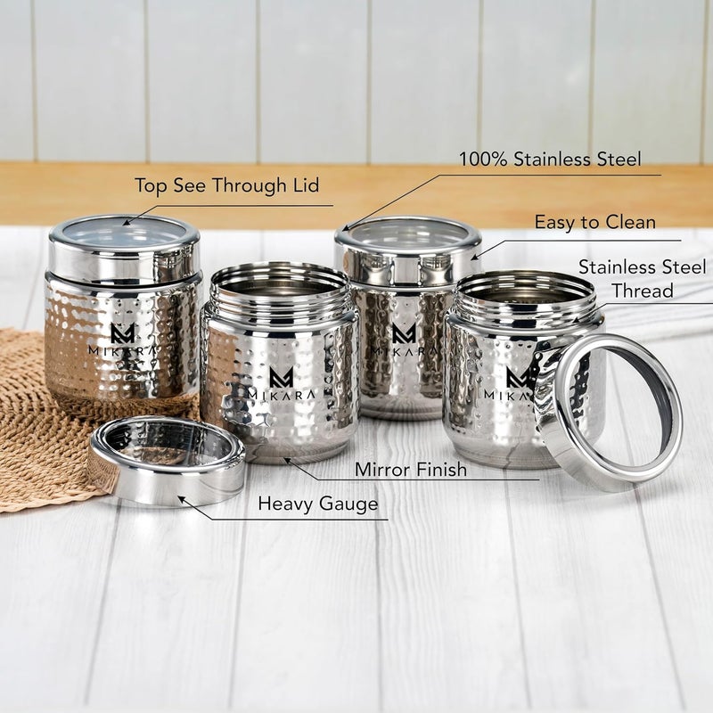 MIKARA Stainless Steel Dry Fruit DabbaStainless Steel Hammered Thread DabbaStainless Steel Thread dabba Size No 3 550ml set of 4 - Image 4