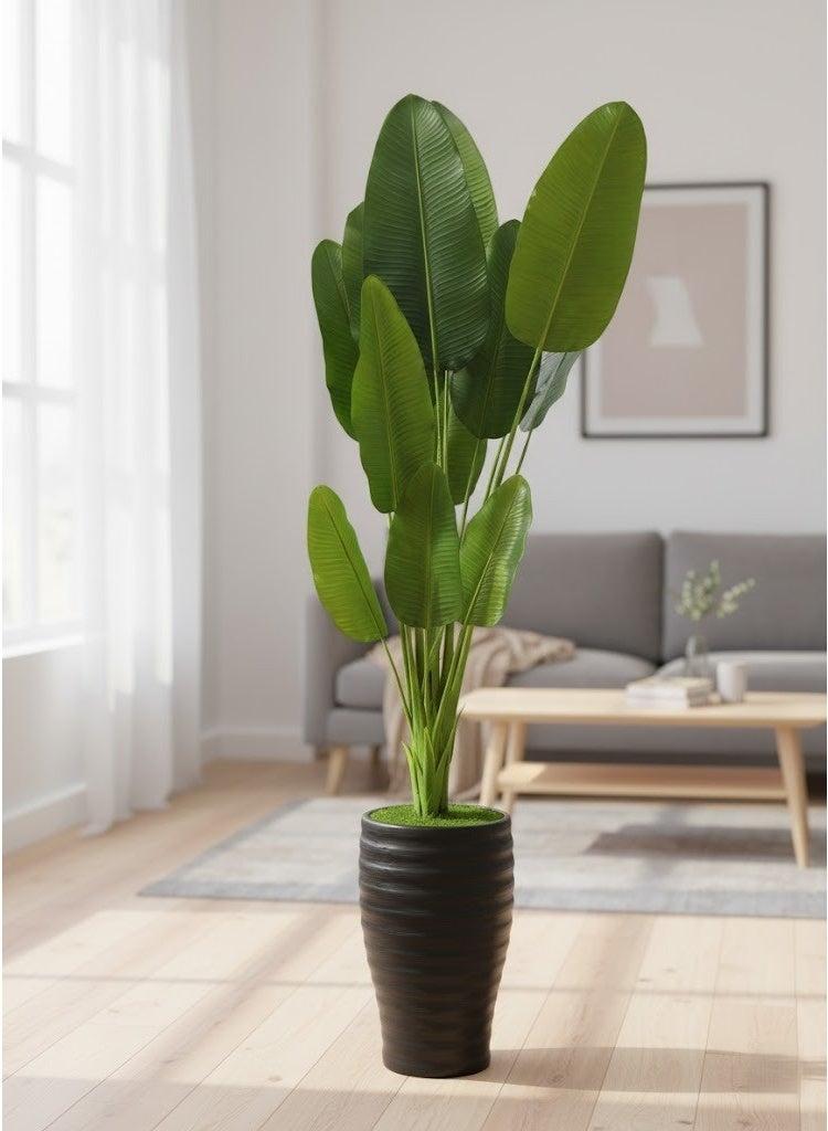 نبات البنانا اصطناعي بأوراق خضراء كبيرة في أصيص أسود طويل، ديكور عصري للمنزل والمكتب