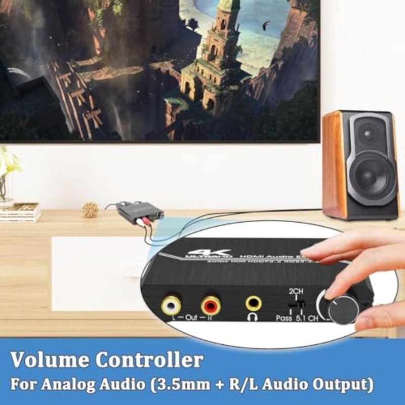 Joyzzz Hdmi Audio Extractor، محول فيديو 4K 60 هرتز مع SPDIF بصري ومخرج ستيريو L/R 3.5 مم، التحكم في مستوى الصوت لأنظمة المسرح المنزلي، وحدات تحكم الألعاب ومكبرات الصوت الخارجية - Image 4
