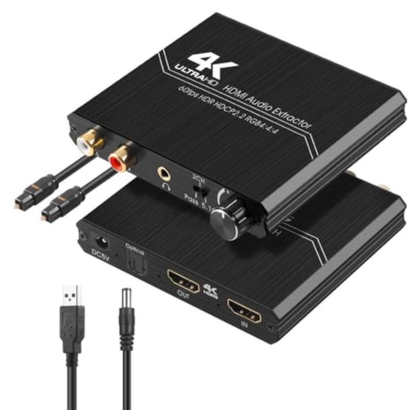 Joyzzz Hdmi Audio Extractor، محول فيديو 4K 60 هرتز مع SPDIF بصري ومخرج ستيريو L/R 3.5 مم، التحكم في مستوى الصوت لأنظمة المسرح المنزلي، وحدات تحكم الألعاب ومكبرات الصوت الخارجية - Image 1