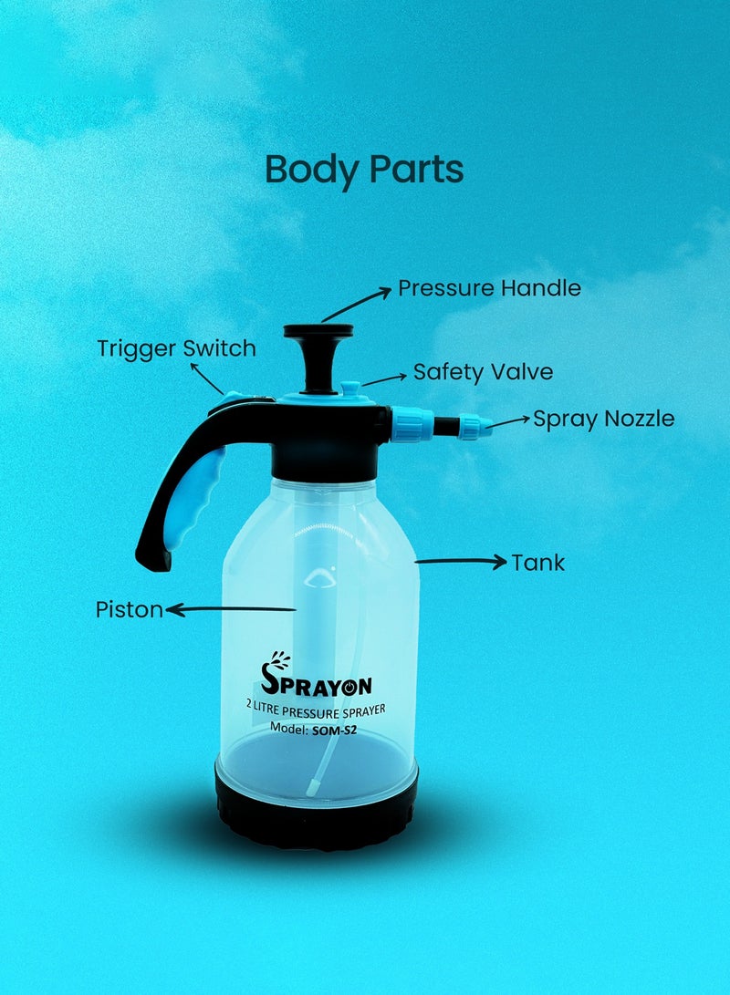 سبرايون SPRAYON بخاخ ضغط يدوي بسعة 2 لتر – متعدد الاستخدامات للحدائق، والتنظيف المنزلي، وغسيل السيارات مع فوهة قابلة للتعديل وعصا ممتدة - Image 4