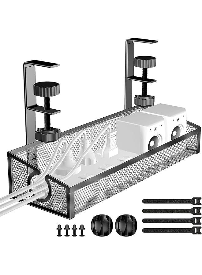 promass Under Desk Cable Management Tray Black, No Drill Desk Cable Management Organizer with Clamp for Desk Wire Management, Desk PC Cord Organizer Accessories & Workspace Organizers for Office, Home - Image 1