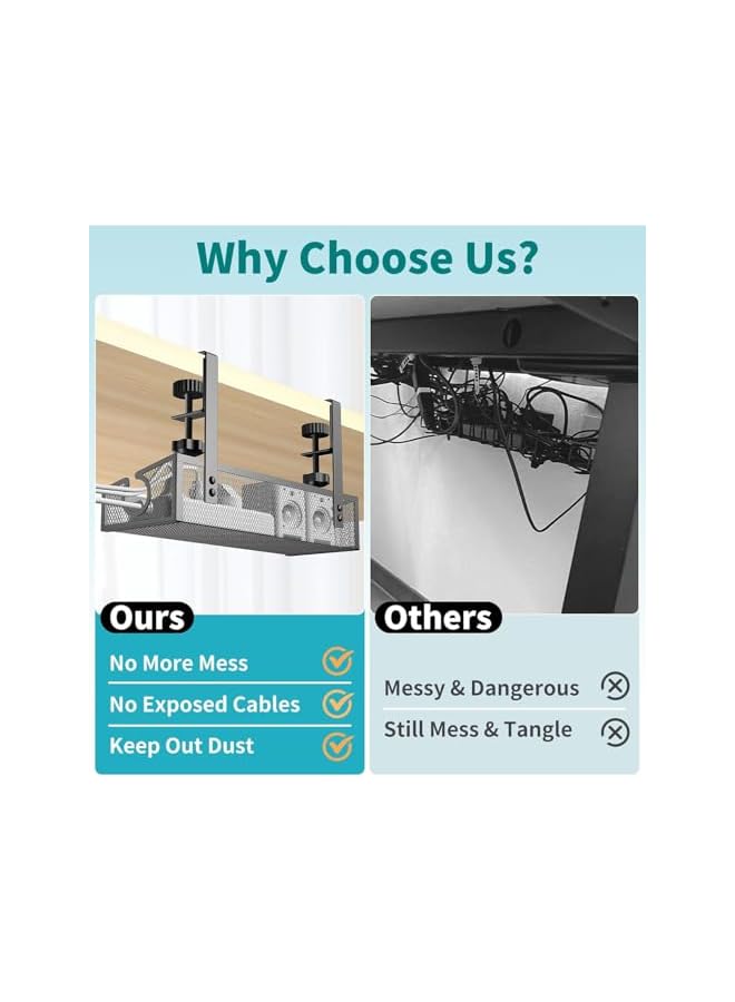 promass Under Desk Cable Management Tray Black, No Drill Desk Cable Management Organizer with Clamp for Desk Wire Management, Desk PC Cord Organizer Accessories & Workspace Organizers for Office, Home - Image 5