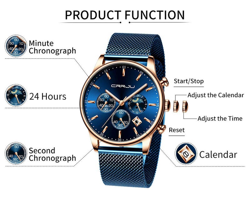 CRRJU Men's Blue Date Quartz Watches Fashion Casual Waterproof 30M Stainless Steel Watch for Men with Mesh Strap - Image 5