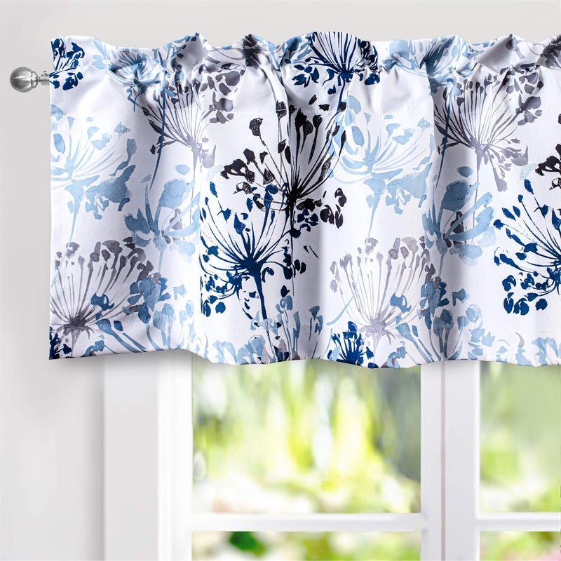 DriftAway Acacia Floral Blossom Watercolor Printed Room Darkening Thermal Insulated Window Curtain Valance Rod Pocket Single 52 Inch by 18 Inch Plus 2 Inch Header Navy