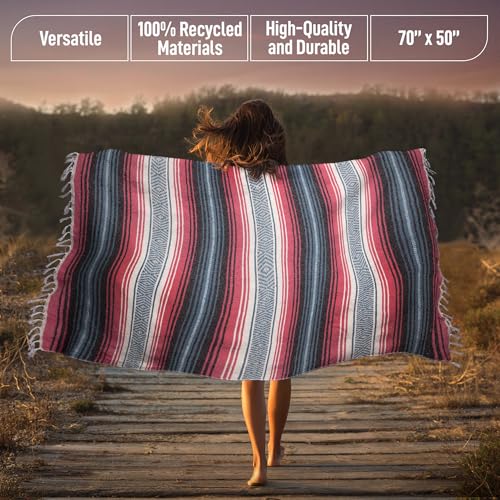 Hydration Nation Authentic Large Handwoven Mexican Striped Throw Blanket - Soft, Durable, Eco-Friendly - 70"x50" - Azure - Image 4