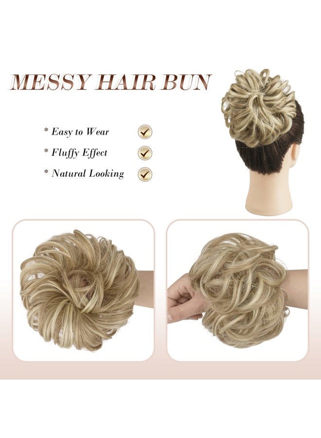 FESHFEN قطعة شعر كعكة فوضوية - كعكة شعر مموجة ومجعدة مرنة، إكسسوارات شعر صناعية للنساء والفتيات، بني رمادي فاتح وشقراء مبيضة 1 قطعة - Image 3