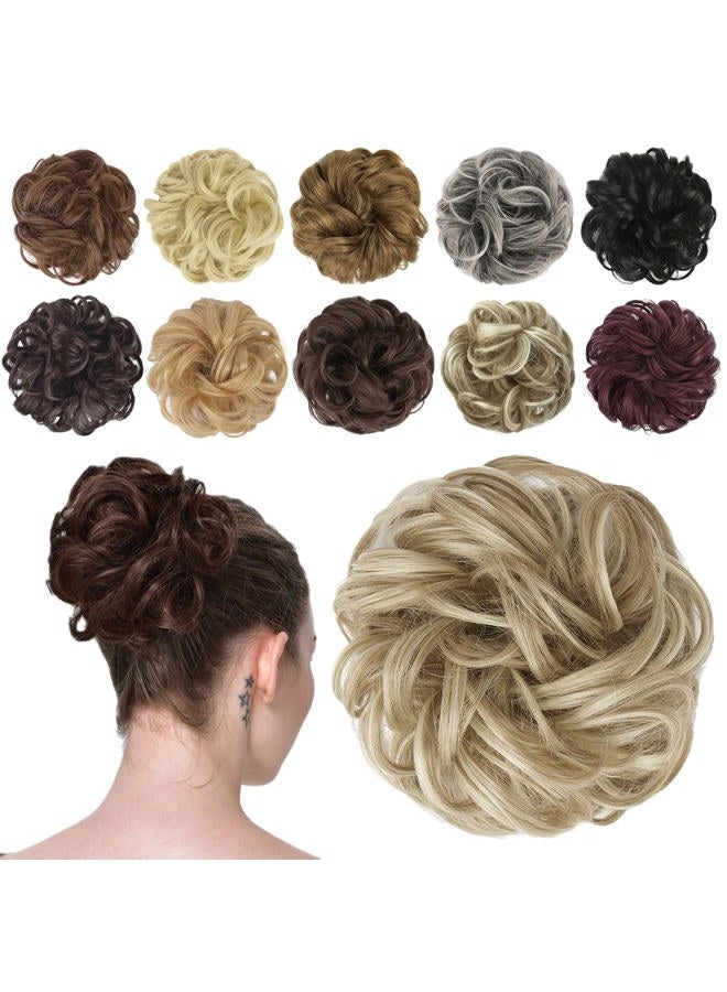 FESHFEN قطعة شعر كعكة فوضوية - كعكة شعر مموجة ومجعدة مرنة، إكسسوارات شعر صناعية للنساء والفتيات، بني رمادي فاتح وشقراء مبيضة 1 قطعة - Image 1