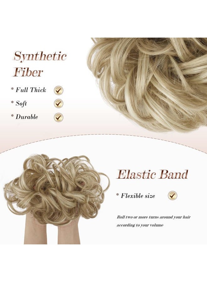 FESHFEN قطعة شعر كعكة فوضوية - كعكة شعر مموجة ومجعدة مرنة، إكسسوارات شعر صناعية للنساء والفتيات، بني رمادي فاتح وشقراء مبيضة 1 قطعة - Image 4