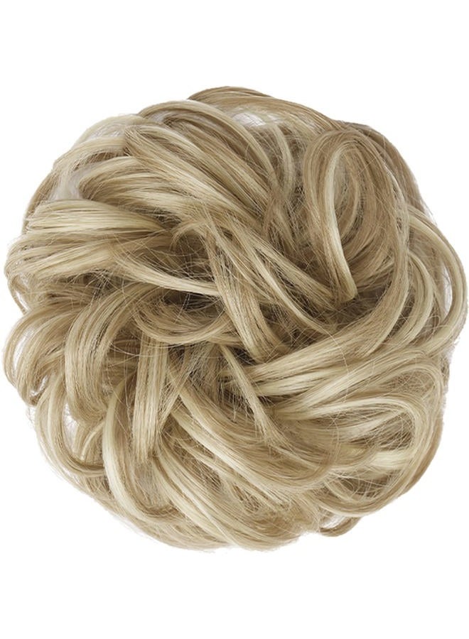 FESHFEN قطعة شعر كعكة فوضوية - كعكة شعر مموجة ومجعدة مرنة، إكسسوارات شعر صناعية للنساء والفتيات، بني رمادي فاتح وشقراء مبيضة 1 قطعة - Image 2