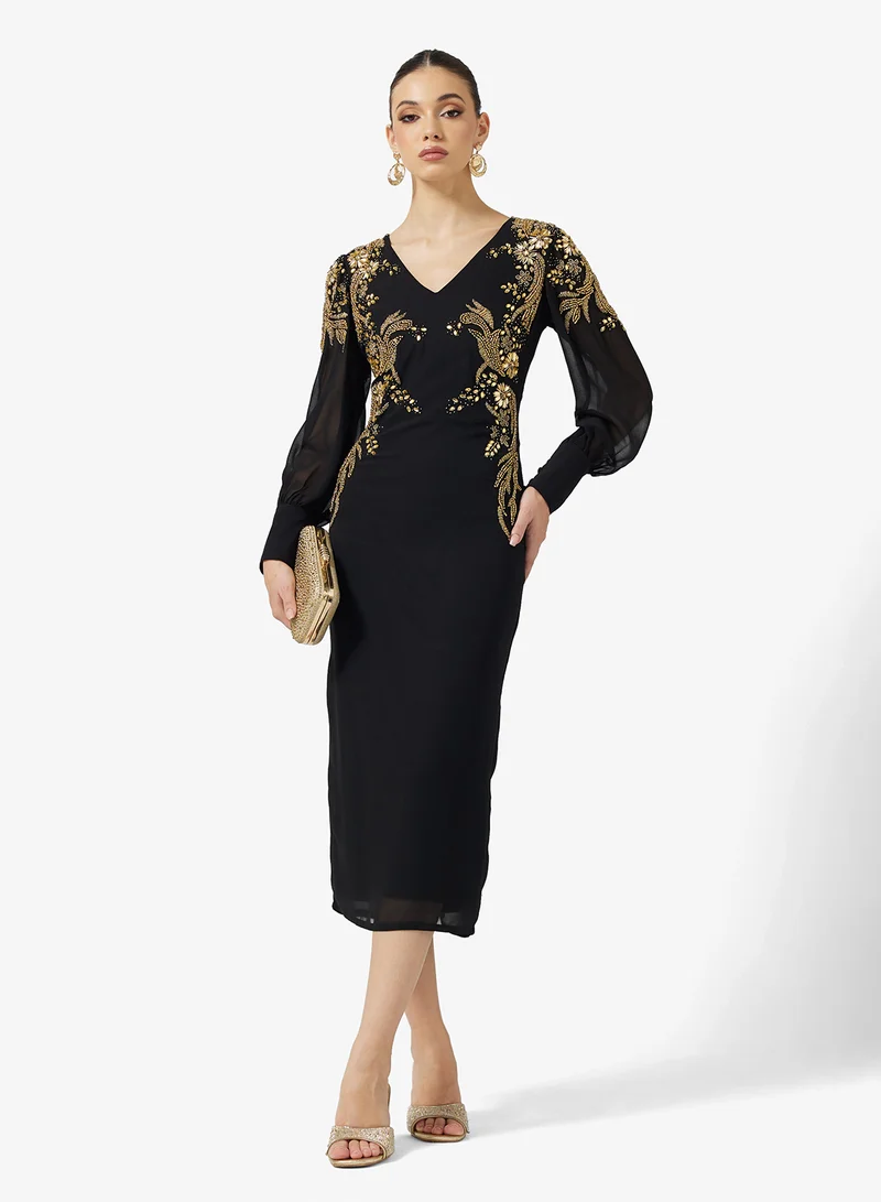 فروك اند فرل V-Neck Mesh Detailed Embellished Dress