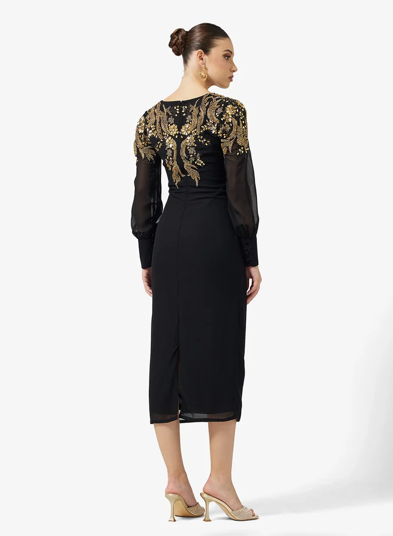 فروك اند فرل V-Neck Mesh Detailed Embellished Dress