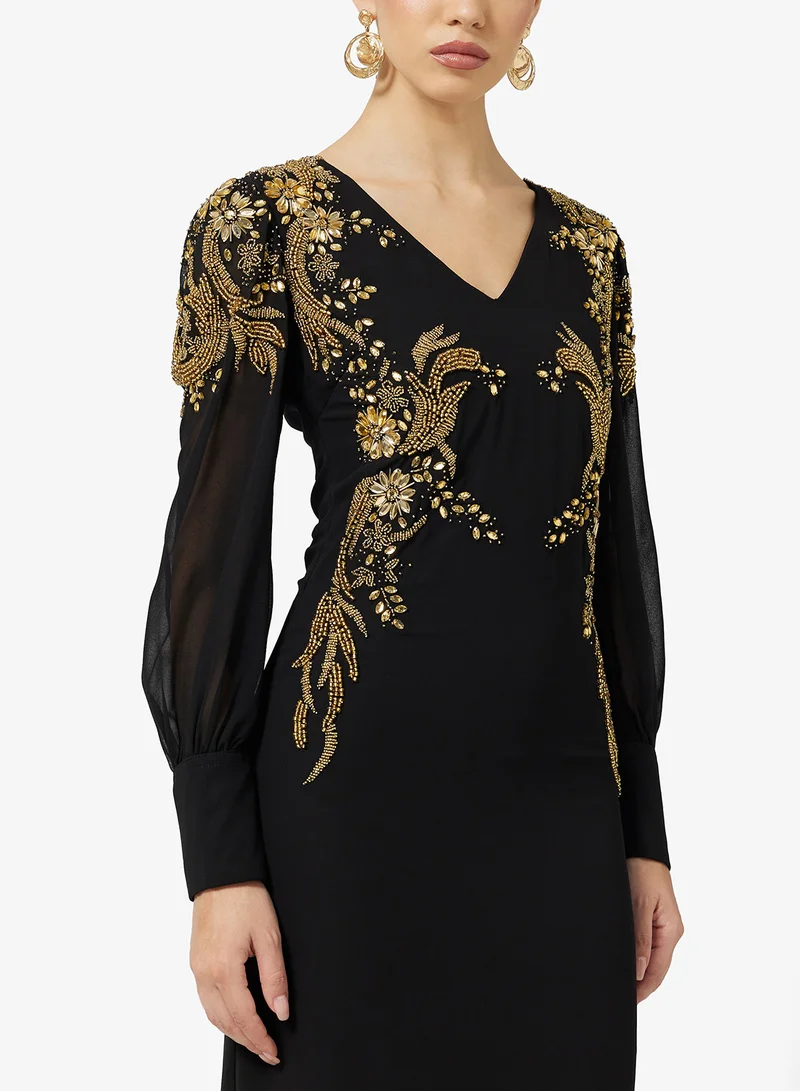 فروك اند فرل V-Neck Mesh Detailed Embellished Dress