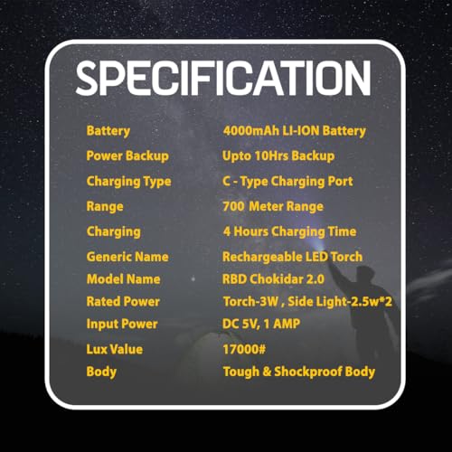 RBD Chowkidar 2.0 Powerful Torch | 4000mAh Battery 3.7V | 700 Meter Long Range | Tough & Shockproof Body | Type-C Fast Charger | Heavy Duty LED Flashlight for Outdoor & Security Use - Image 4