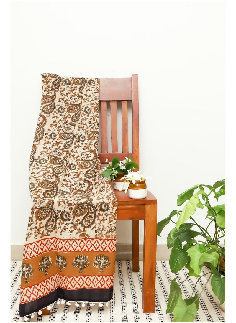 OJARIYA - Paisley Beige Dye Block Printed 100 Percent Breathable Soft Cotton Scarf Stole - Image 1