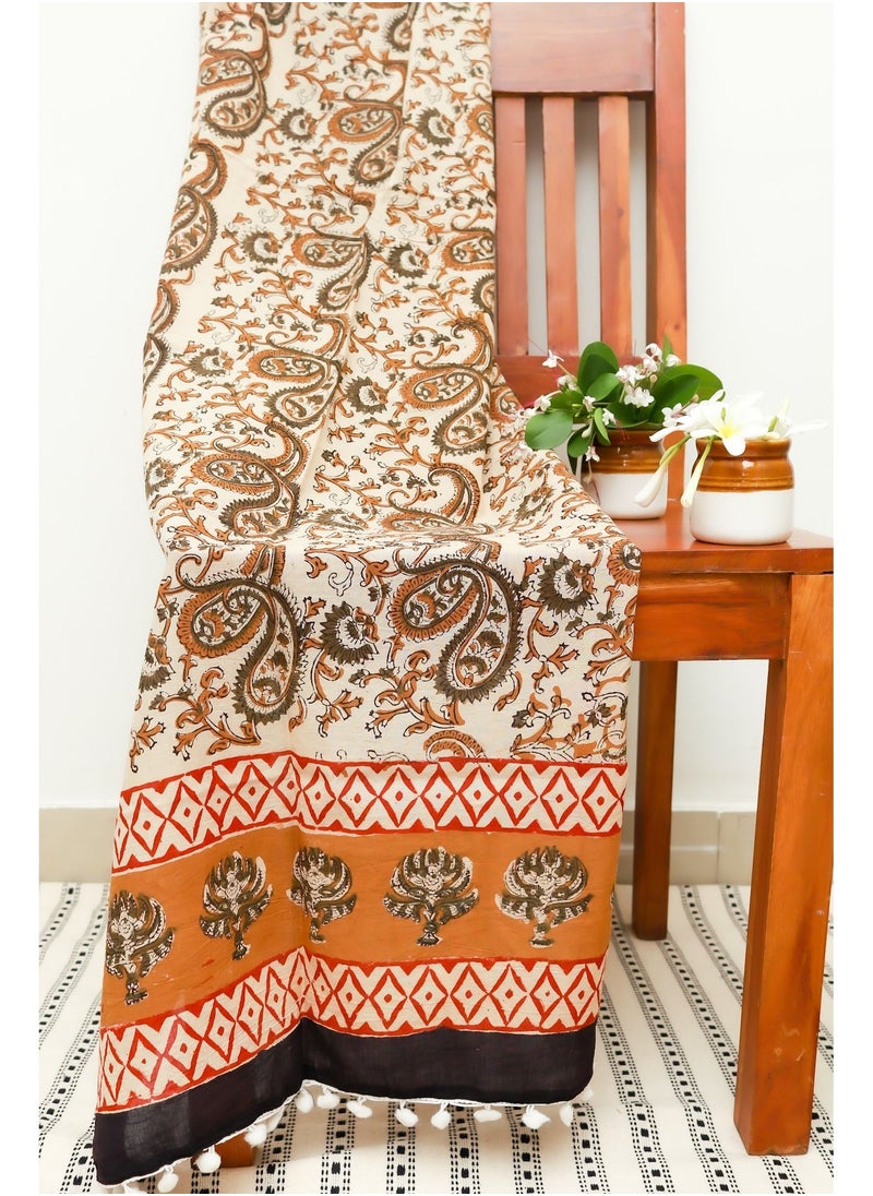 OJARIYA - Paisley Beige Dye Block Printed 100 Percent Breathable Soft Cotton Scarf Stole - Image 1
