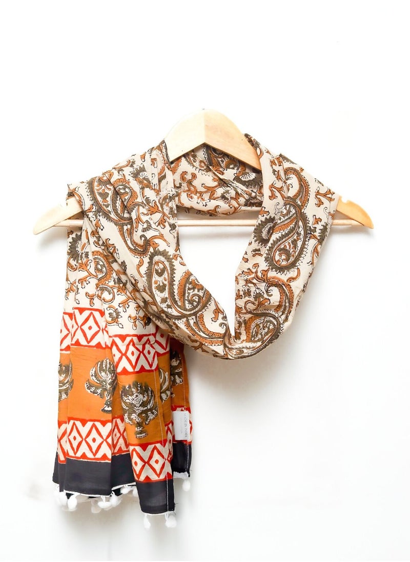 OJARIYA - Paisley Beige Dye Block Printed 100 Percent Breathable Soft Cotton Scarf Stole - Image 1