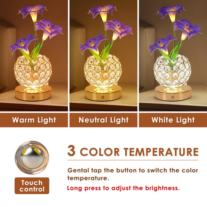 Lazzgan Morning Glory Flower Lamp, Rechargeable Cordless Touch Table Lamp, 3 Color Dimmable LED Night Light, Bedroom Bedside Touch Nightstand Lamp Artificial Flowers Housewamring, Gifts for Women Mom - Image 2