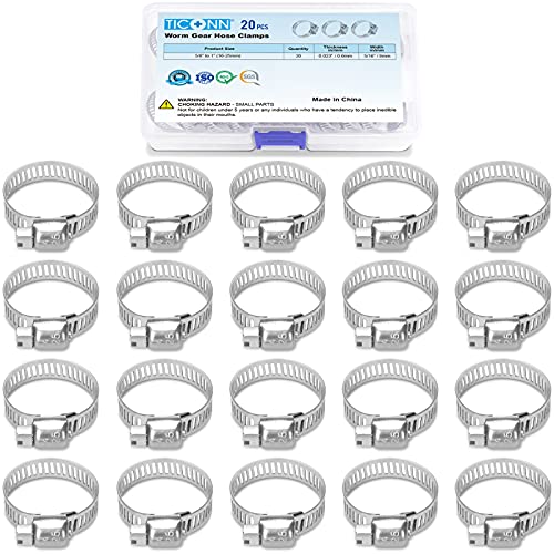 TICONN 20PCS Hose Clamp Set - 5/8''–1'' 304 Stainless Steel Worm Gear Hose Clamps for Pipe, Intercooler, Plumbing, Tube and Fuel Line - Image 1