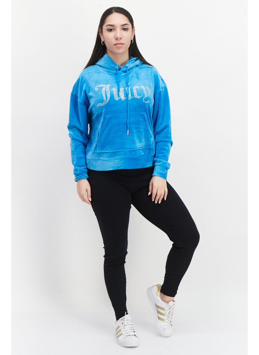 Juicy Couture هودي مزين بشعار بأكمام طويلة للنساء، أزرق  - Image 4