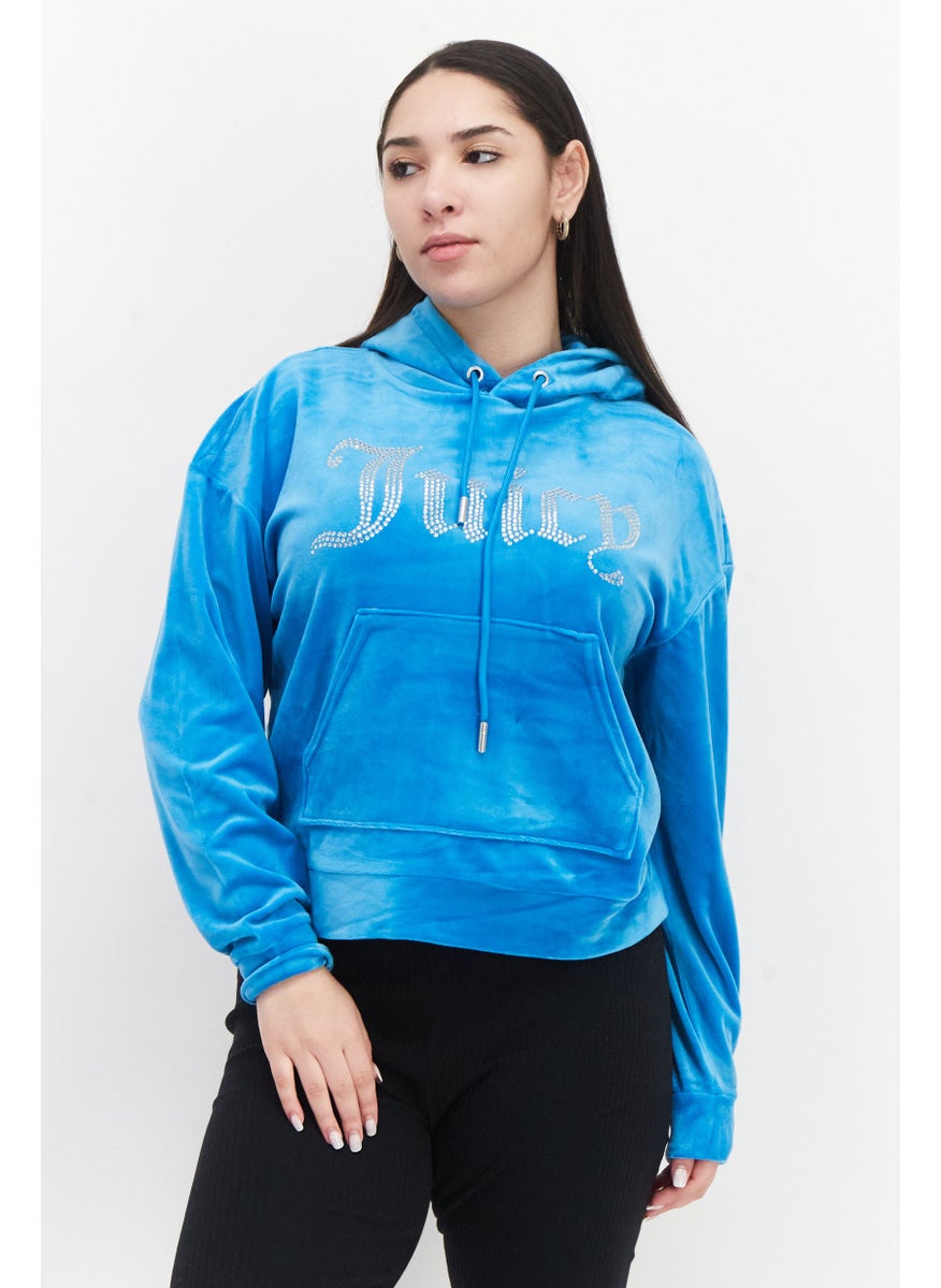 Juicy Couture هودي مزين بشعار بأكمام طويلة للنساء، أزرق  - Image 1