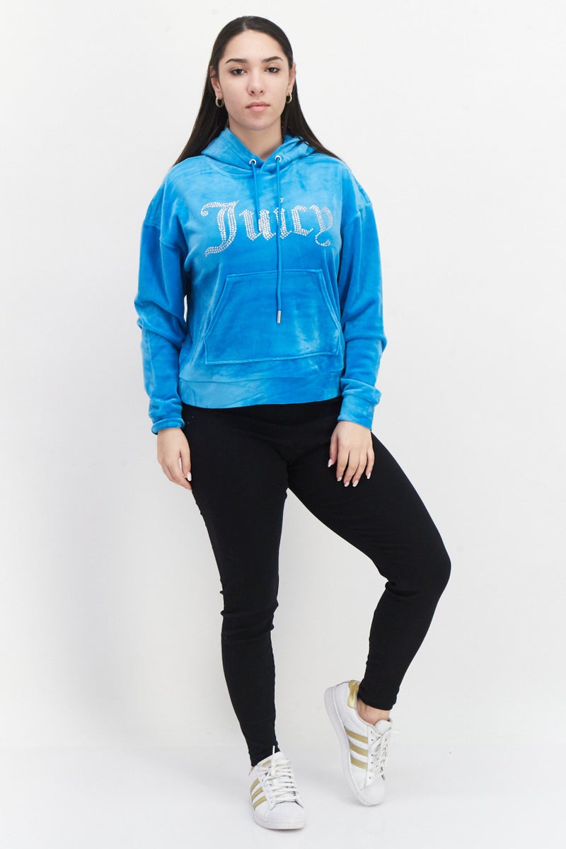 Juicy Couture Women Long Sleeve Embellished Logo Hoodie, Blue - Image 4