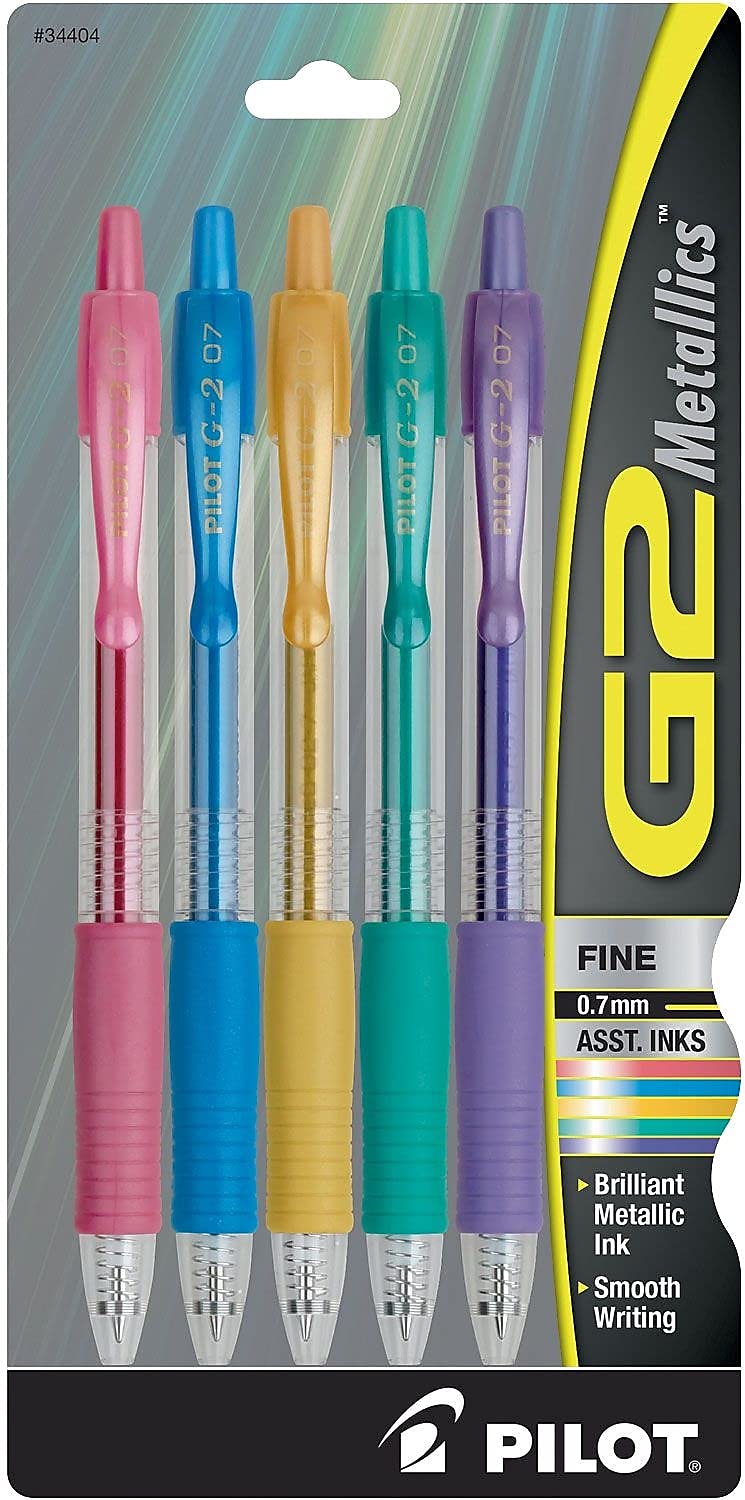 Pilot, G2 Metallics Gel Roller Pens, Fine Point 0.7 mm, Assorted Colors, Pack of 5 - Image 1