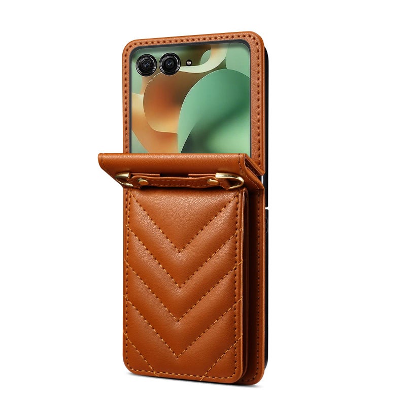 إيروريكس جراب هاتف موتورولا رازر 60 / رازر 2025 المصنوع من الجلد القابل للطي مع حبل طويل (بني) - Image 3