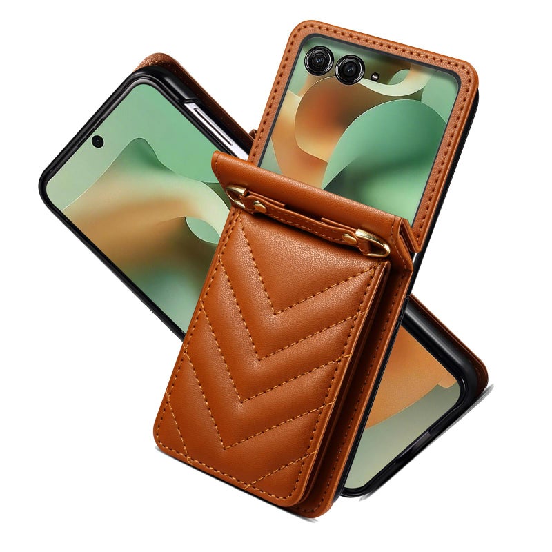 إيروريكس جراب هاتف موتورولا رازر 60 / رازر 2025 المصنوع من الجلد القابل للطي مع حبل طويل (بني) - Image 2