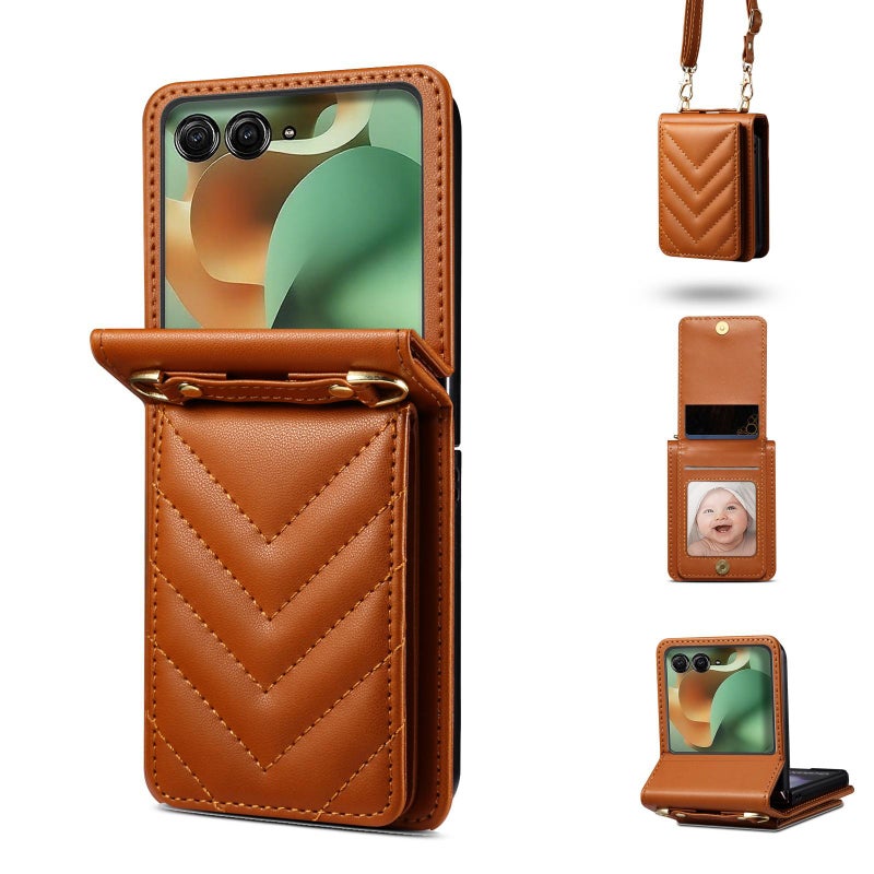 إيروريكس جراب هاتف موتورولا رازر 60 / رازر 2025 المصنوع من الجلد القابل للطي مع حبل طويل (بني) - Image 1