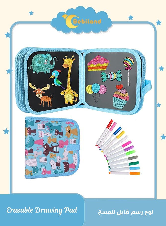 Bebiland 14 Pages Portable Erasable Drawing Pad Reusable Sketchpad Painting Book with 12 Colored Erasable Pens for Kids Toddlers Cat - Image 1