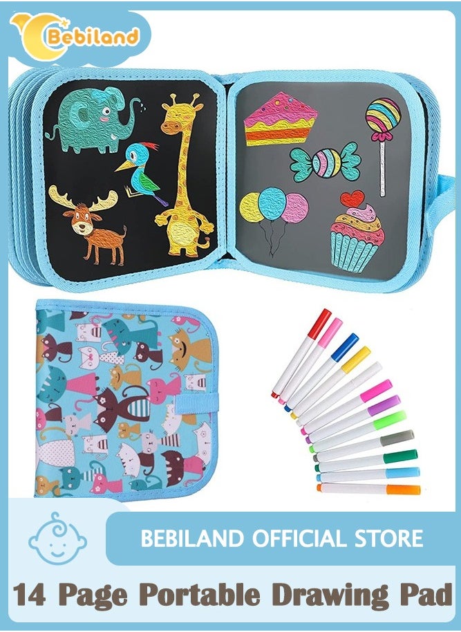 Bebiland - 14 Pages Portable Erasable Drawing Pad Reusable Sketchpad Painting Book with 12 Colored Erasable Pens for Kids Toddlers Cat - Image 1