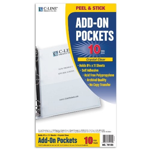 C-Line Self-Adhesive Add-On Filing Pockets, 8-3/4 x 5-1/8, 10 per Pack (70185) - Image 1