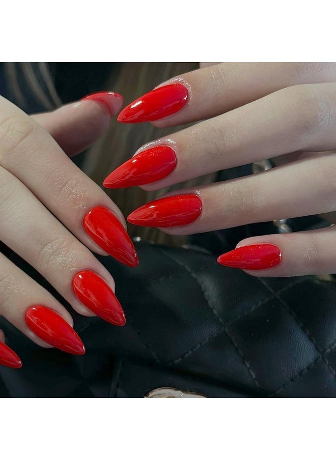 KXAMELIE - Orange Red Press On Nails Almond Shaped Medium Almond Nails Press On Neutral Acrylic Nails Reusable Fake Nails For Women Girls, Glue On Nails Medium Length Stiletto False Nails Gel Artificial Nails - Image 1