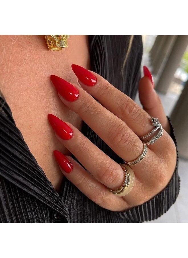 KXAMELIE - Orange Red Press On Nails Almond Shaped Medium Almond Nails Press On Neutral Acrylic Nails Reusable Fake Nails For Women Girls, Glue On Nails Medium Length Stiletto False Nails Gel Artificial Nails - Image 1