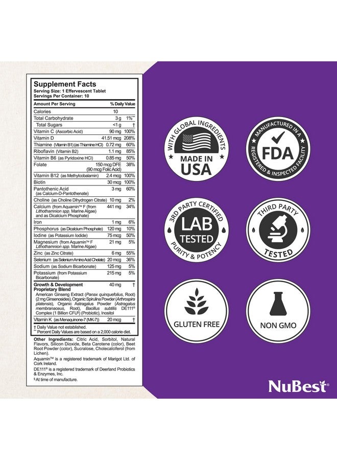 نوبست NuBest Tall Fizzy - قوة العظام والمناعة وصحة الجهاز الهضمي للأطفال والمراهقين | البروبيوتيك والكالسيوم والمغنيسيوم من الطحالب البحرية الحمراء وفيتامين د3 وفيتامين ك2 والزنك | 10 أقراص فوارة برتقالية - للأطفال من سن 4 سنوات فما فوق - Image 4