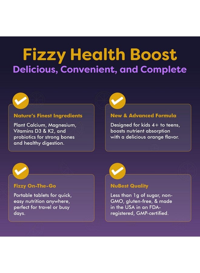 نوبست NuBest Tall Fizzy - قوة العظام والمناعة وصحة الجهاز الهضمي للأطفال والمراهقين | البروبيوتيك والكالسيوم والمغنيسيوم من الطحالب البحرية الحمراء وفيتامين د3 وفيتامين ك2 والزنك | 10 أقراص فوارة برتقالية - للأطفال من سن 4 سنوات فما فوق - Image 3