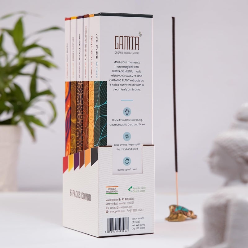 GAMTA Just flow with it Gamta Organic Incense Tranquil Essence Agarbatti for Pooja Pack of 6 Havan Sandal Majmua Agarwood Heena Kasturi180 Incense Stick 24cm Lasts 60 mins Agarbatti Stick Made of Panchagavya - Image 2